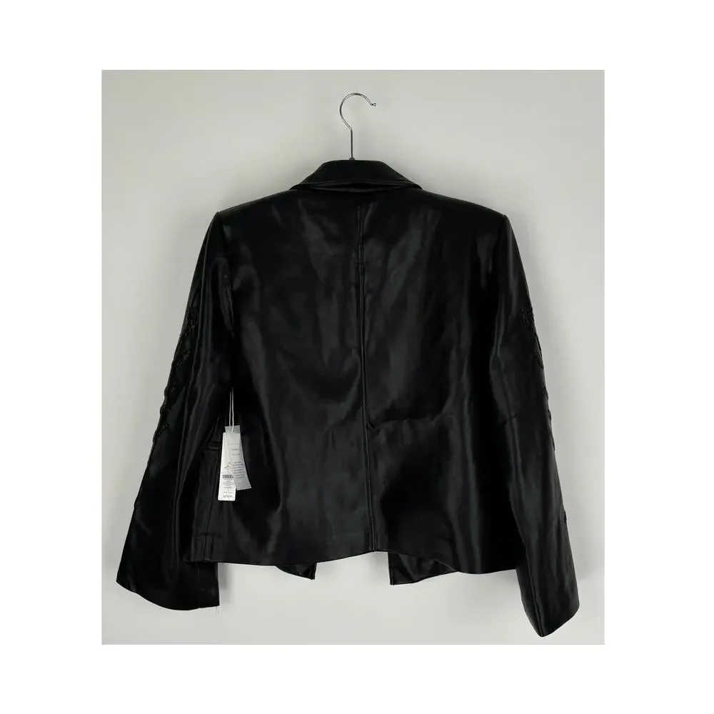Chicos Womens Black Cutwork Faux Leather Jacket Size 8 Chicos 1 New Long Sleeve
